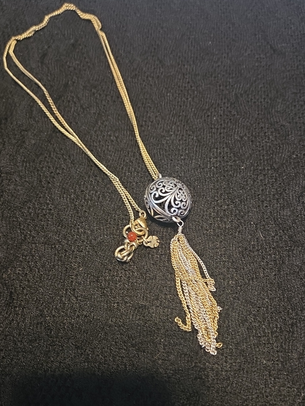 Lucky Brand Gold & Silver Filigree Orb Tassel Necklace with Red Accent